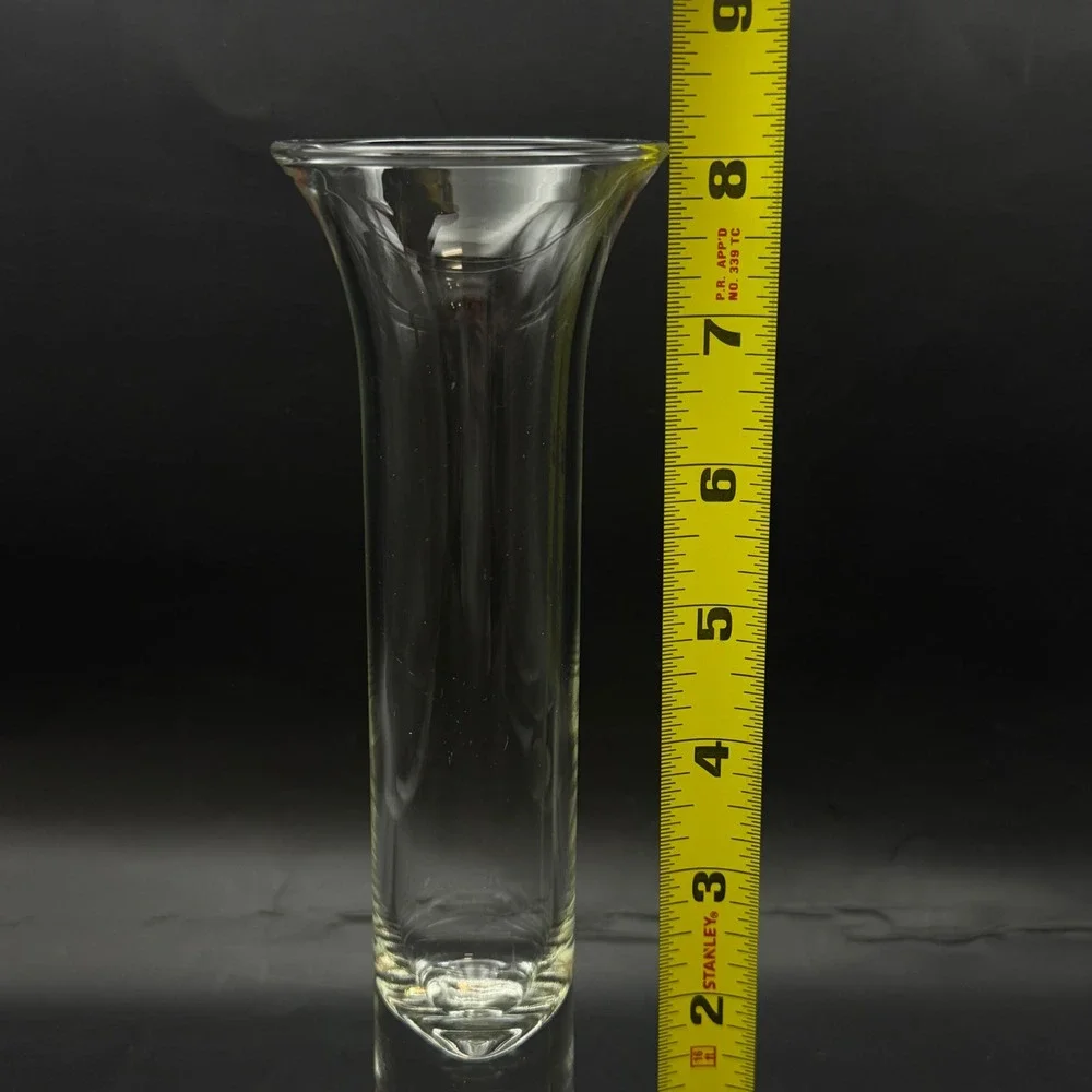 Hand Blown Clear‎ Glass Bud Vase Flared Rim Weighted Controlled Bubble Base 8.5